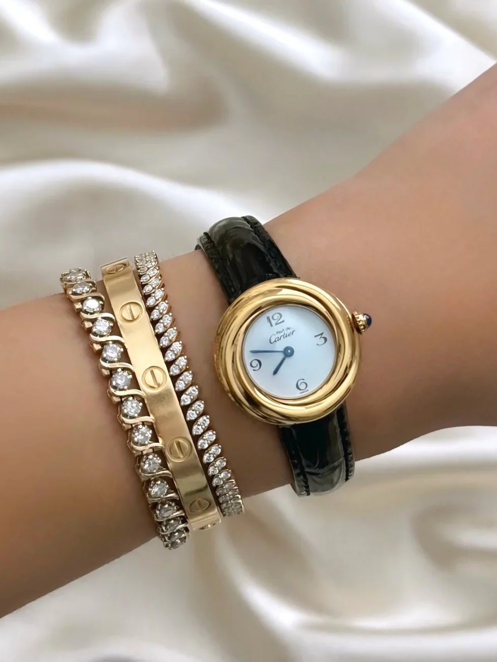 AUTHENTIC RARE VINTAGE CARTIER TRINITY BLACK LEATHER WATCH - WITH BOX